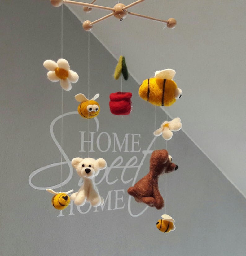 Felt mobile HONEY BEARS and BEES felted hand felted Mobile children's room decoration Young girls Baby Gift Baptism Birthday Bear image 2