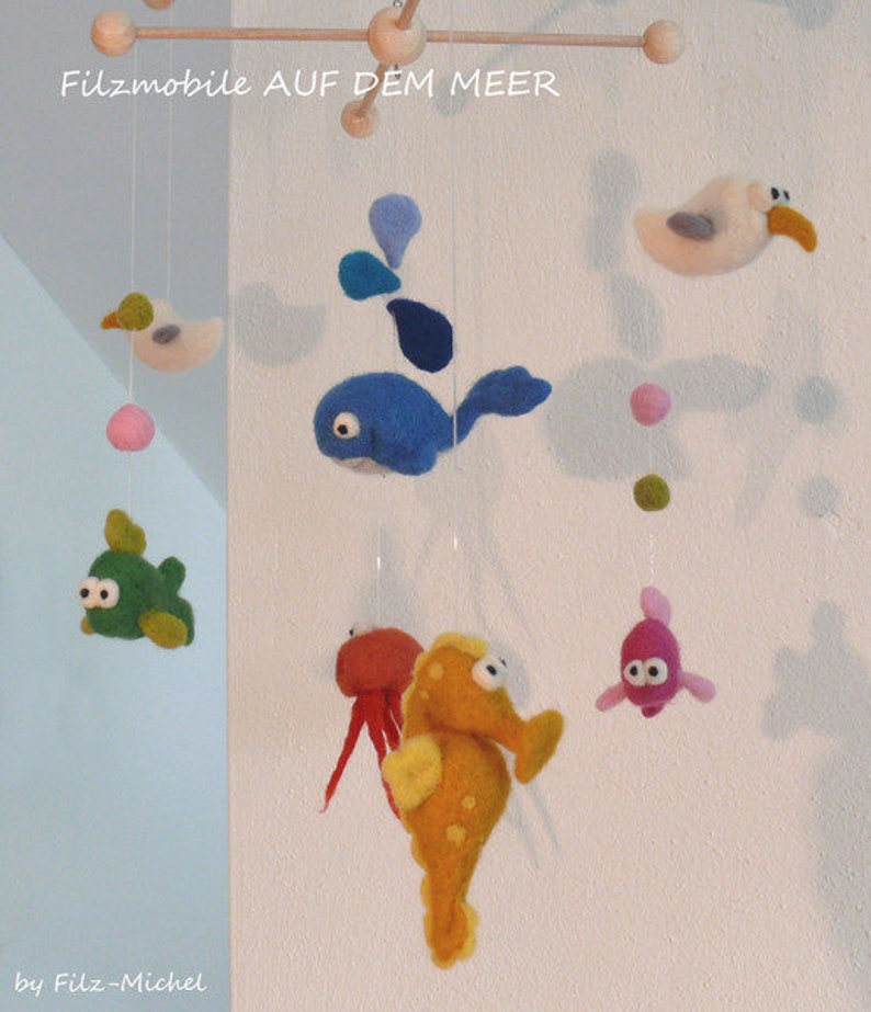 Feltmobile ON THE SEA Feltfelt Felt Felt edging Feltmichel Mobile Baby Gift Birth Baptism Boy Girl Nursery Decoration Seaanimals Seahorse image 2