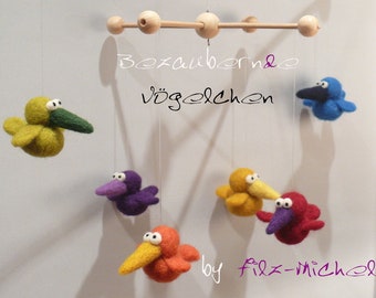 Vilt mobiele "Kleurrijke vogels", met de hand vilten, vogel, geschenk, mobiel, vilt, doop, geboorte, baby, jongen, meisje, kinderkamer, merinowol,