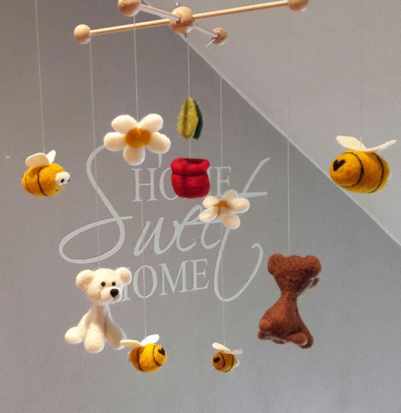 Felt mobile HONEY BEARS and BEES felted hand felted Mobile children's room decoration Young girls Baby Gift Baptism Birthday Bear image 1