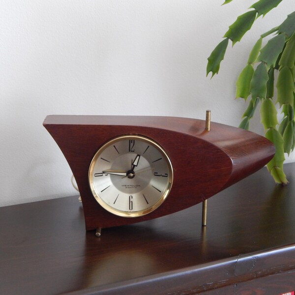 Westclox Atomic Boomerang Art Deco Wood Brass MCM 707 Alarm Clock