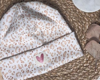 Hipster Beanie Hat Kids Beige | Leopard Print | Children's Hat | Heart | Size Selectable