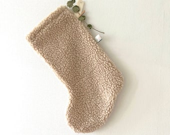 Santa Claus stocking made of beige teddy fabric, customizable