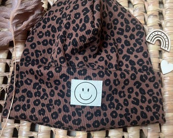 Hipster Beanie Hat Kids Brown I Leopard Print I Children's Hat I Smiley I Size Selectable