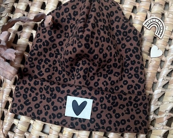 Hipster Beanie Hat Kids Brown I Leopard Print I Children's Hat I Heart I Size Selectable