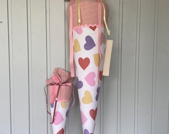 Personalized fabric school cone | Fabric school cone for girls with pastel hearts | Candy cone with name | First day of school 2026 | Sibling school cone