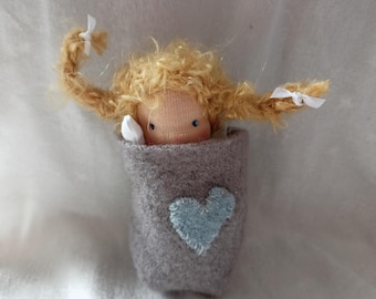 Worry and Wish Angel 9 cm in felt pouch, Waldorf style fabric doll, First Day of School Fairy
