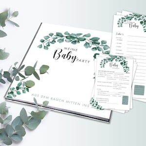 Großes Babyparty-Set "Eukalyptus" | Tippkarten | Wünschekarten | Album | Gästebuch | Babyshower | Schwangerschaft | Geschenk | Überraschung