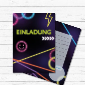 Tarjetas de invitación "Neón" | Etiqueta láser | Fiesta de luz negra | fiesta luminosa