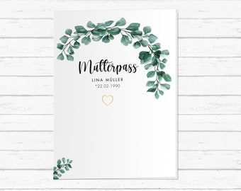 Mutterpass-Hülle personalisiert | Eukalyptus | 3-teilig | mit Name | inkl. PVC-Umschlag | Geschenk | Schutz | Schwangerschaft