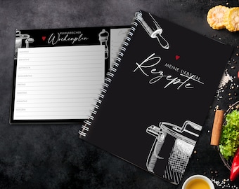 SET Livre de recettes & planificateur de menu | Cadeau | Planificateur de menus incl. liste des courses | Organisation | Horaires hebdomadaires | Plan de repas | A5 | 50 feuilles