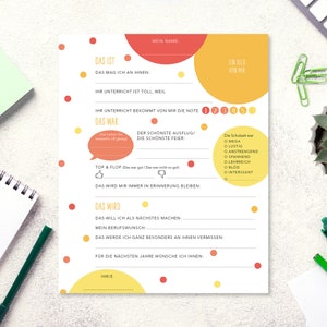 May include: A printable worksheet with a colorful design featuring red and yellow circles. The worksheet is titled "Das ist" and "Das war" and includes questions about a teacher or instructor. The worksheet is in German.