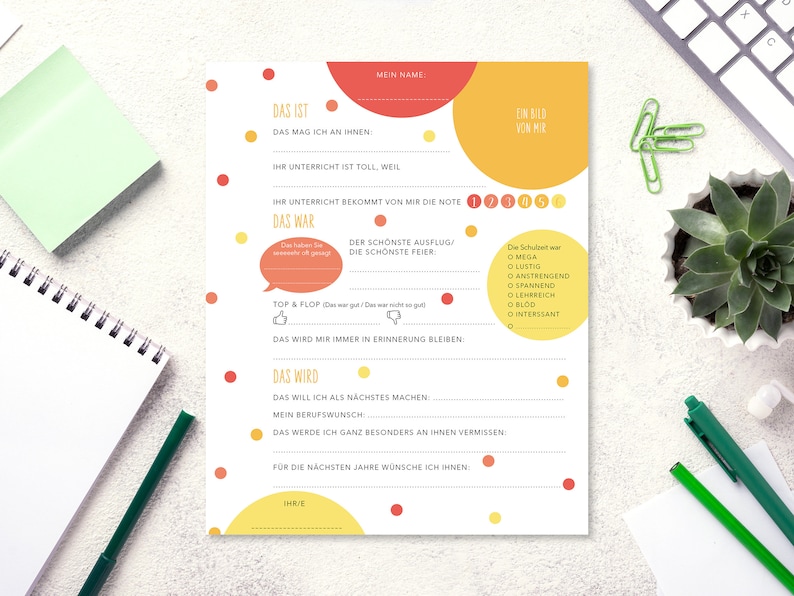 May include: A printable worksheet with a colorful design featuring red and yellow circles. The worksheet is titled "Das ist" and "Das war" and includes questions about a teacher or instructor. The worksheet is in German.