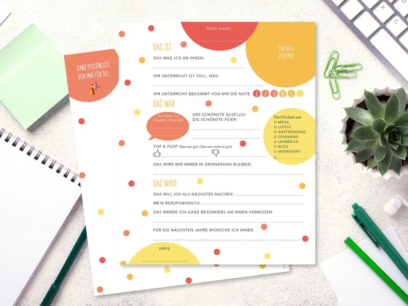 May include: A printable worksheet with a colorful design featuring red and yellow circles. The worksheet is titled "Das ist" and includes questions about a teacher. The questions are in German.