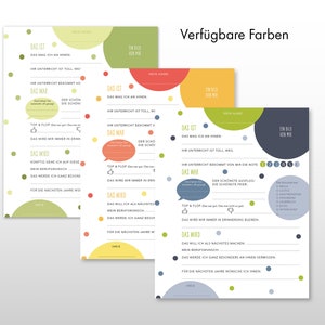 May include: Three printable worksheets with colorful circles and text in German. The worksheets are titled "Das ist", "Das war", and "Das wird". The text on the worksheets includes phrases like "Das mag ich an ihnen" and "Der sch&ouml;nste Ausflug". The worksheets are designed for a teacher to fill in the blanks with information about their students.