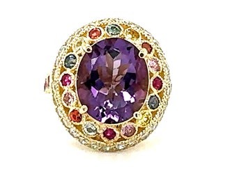 5.62 Carat Natural Amethyst Diamond Sapphire Yellow Gold Cocktail Ring