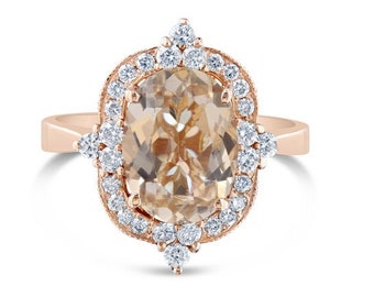Oval Morganite Diamond Halo 14K Rose Gold Engagement Ring