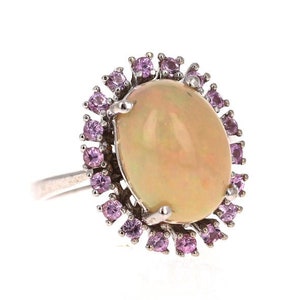 Anillo de cóctel de ópalo y zafiro rosa, oro blanco de 14 qt, anillo de zafiro rosa, elegantes anillos de zafiro para mujer, anillo de cóctel de piedras preciosas