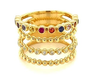 Banda de oro amarillo con diamantes y zafiro multicolor