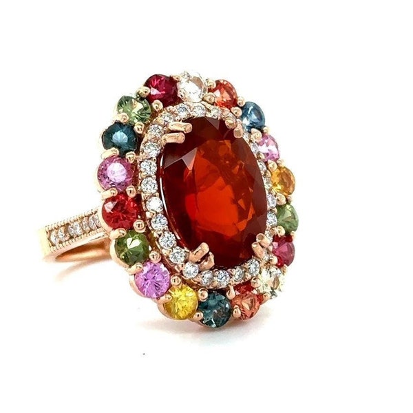 7.67 Carat Natural Fire Opal Sapphire and Diamond Rose Gold Cocktail Ring