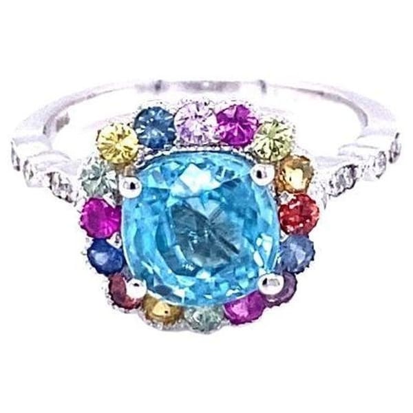 3.89 Ct Blue Zircon, Multicolor Sapphire, Diamond 14 Karat White Gold Ring