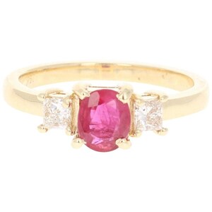 0.94 Carat Diamond Three Stone Ring, 14K Gold Ring, Yellow Gold Three Stone Diamond Ring, Red Ruby Gemstone