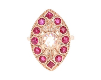2,09 karaat robijn en roosgeslepen diamant 14 karaat roségouden cocktailring