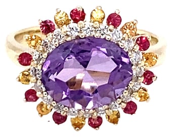 3.37 Carat Natural Amethyst Diamond Sapphire Yellow Gold Cocktail Ring