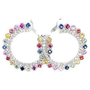 Round Cut Diamond Earrings, 2.94 Carat Multi Color Sapphire Diamond Earrings, 14 Karat White Gold Earrings