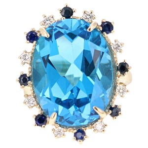 21.50 Carat Blue Topaz Diamond Yellow Gold Cocktail Ring