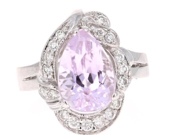 4.32 Carat Kunzite Diamond 14 Karat White Gold Cocktail Ring