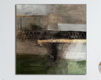 Rare find - hand-painted original - stretcher frame picture - landscape picture abstract 70 cm x 70 cm olive green - beige