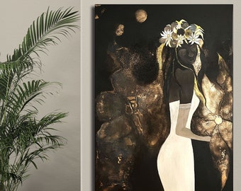 Beeld abstract expressief, Het ontwaken van de gouden bloem, 150 x 100 cm rechthoekig formaat, Grote afbeelding