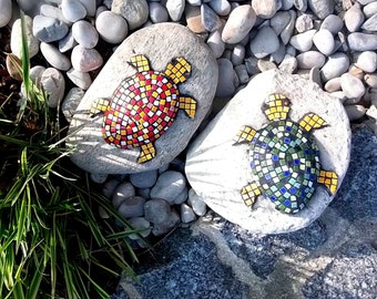 Décoration de jardin pierre tortue mosaïque, pierres de mosaïque, rouge, jaune, vert, bleu