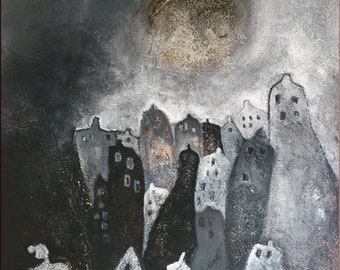 Small picture, acrylic painting, full moon night, abstract painting, city houses, painting on frame, 50 x 40 cm, full moon, picture abstract, hand painted