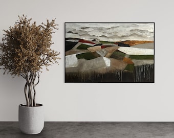 Abstract landschap - aardemagie 80 x 120 cm in beige, bruin, rood, terra en groen landschapsfoto, acrylverf op canvas