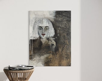 Dagdromer 80 cm x 60 cm mixed media op canvas, vrouw met sigaret, vrouwenportret