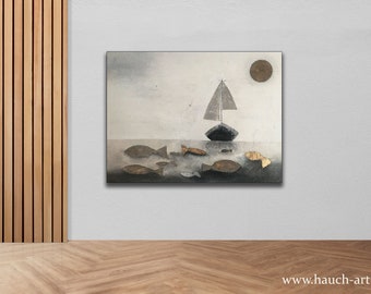 Picture on canvas abstract, 120 x 90 cm, Come with us on the journey, modern picture, acrylic painting fish, picture for living room, boat, abstract picture