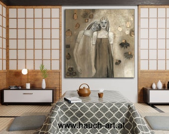 Grand tableau abstrait 120 x 120 cm, Sisterhood Grey white gold beige modern mural, , Peinture