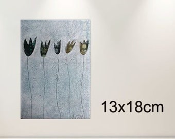 Bild klein, Acrylbild,13 x 18cm abstrakt handgemalt original Kunst Acrylbild, Minibild,kleines Bild, Tulpen,grün, türkis, weiß,gelb,Kunst