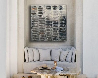 image abstraite sur toile tendue avec des poissons, gris or blanc, 80 x 80 cm, image abstraite moderne, image avec pêche, peinture acrylique,peinture acrylique