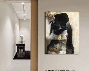 Image abstraite sur toile tendue, image 100 x 80 cm, image moderne, noir et blanc, or, acrylique sur toile, grande image, image pour le bureau