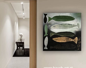 De witte vis en zijn vrienden Abstract acryl schilderij 100 x 100 cm op canvas