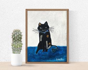 Small picture with cat, mini picture 10 x 15 cm, picture with cat, abstract cat picture, black cat, acrylic picture with cat, picture on painting plate,