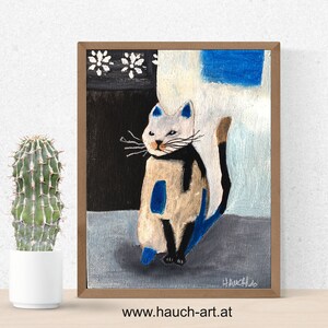 Small picture with cat, mini picture 10 x 15 cm, picture with cat, abstract cat picture, white cat, acrylic picture with cat, picture on painting board,