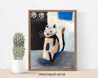Small picture with cat, mini picture 10 x 15 cm, picture with cat, abstract cat picture, white cat, acrylic picture with cat, picture on painting plate,