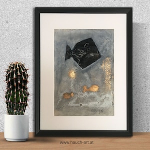 Kleines Bild im Rahmen, Wandgalerie, Bild auf Papier im Bilderrahmen schwarz, Wandgalerie, Bild 42x32cm, Bild mit Fischen, Bild im Rahmen