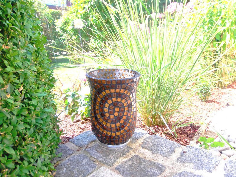 Windlicht, Mosikwindlicht, Windlicht mit Mosaiksteinen, Windlicht aus Glas, Braunes goldenes Windlicht, Vase mit Schneckenmuster kerze Bild 1