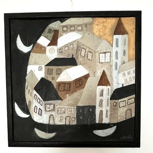 Peinture abstraite, ville sur la rivière 53 x 53 cm cuite avec cadre en bois, lin sur carton