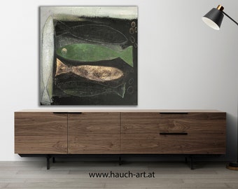 De groene vis en zijn vrienden Abstract acryl schilderij 100 x 100 cm op canvas